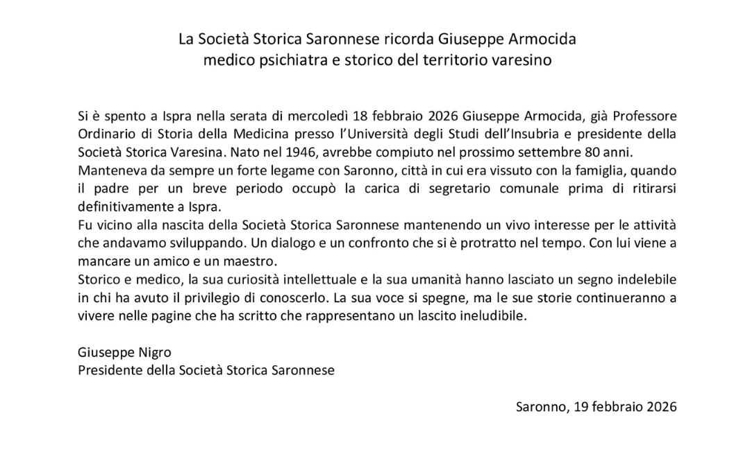 La Società Storica Saronnese ricorda Giuseppe Armocida medico psichiatra e storico del territorio varesino